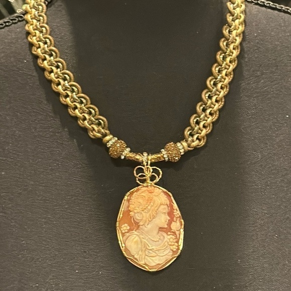 Cameo Statement Necklace pave bronze white rhinestone Beads 14k Handmade - Picture 3 of 11